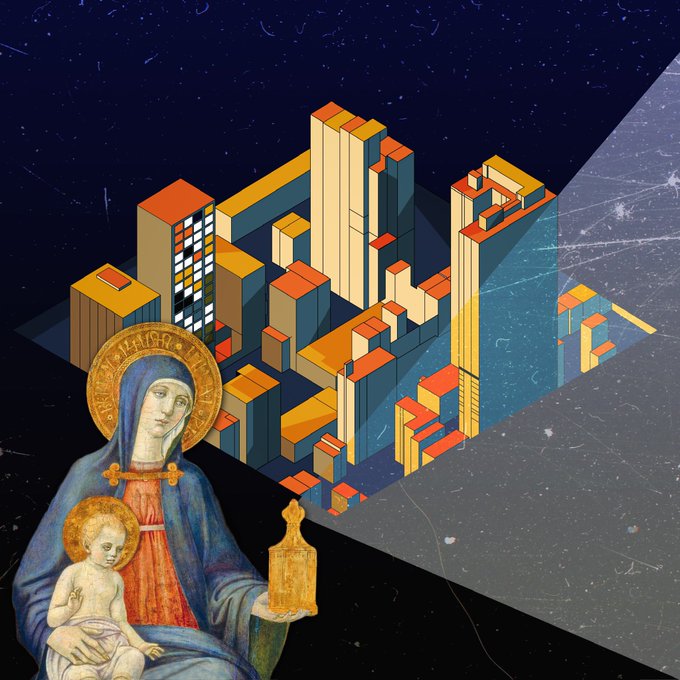 An artistic collage combines a medieval-style illuminated painting of the Madonna and Child with an isometric illustration of modernist orange and blue city buildings against a dark, starry background.