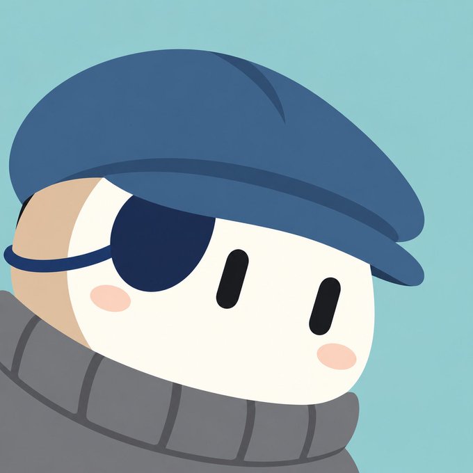 A cartoon character with a rounded face, wearing a blue cap over a bandage and an eye patch, plus a grey scarf.