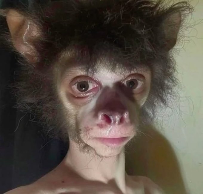 A surreal, AI-generated close-up of a person with ape-like facial features, including a flat nose, dark eyes, and wild dark hair blending with pointed animal ears.