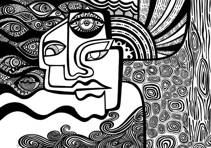 A black and white abstract illustration depicting a stylized human face surrounded by numerous eyes and swirling patterns.