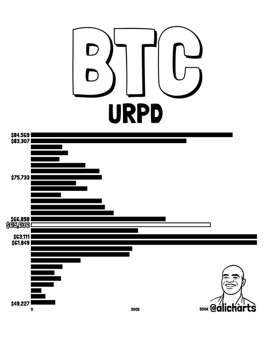 This image is a stylized URPD (UTXO Realized Price Distribution) chart for Bitcoin ($BTC), featuring hand-drawn bubble letters and a cartoon avatar credited to "@alicharts." The chart visualizes Bitcoin's on-chain supply concentration, highlighting key price levels including major support between $63,111 and $61,840 with over 1.3 million BTC held, and a notable supply wall near $84,569, reinforcing the post's analysis of Bitcoin's strong support floor and next resistance zone.