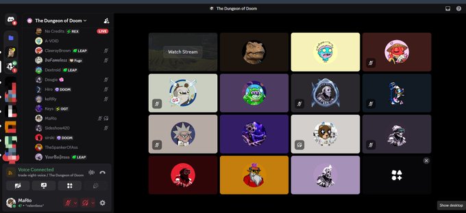 A Discord interface showing 'The Dungeon of Doom' voice channel with multiple users connected and a grid of avatar icons displayed in the main viewing area.