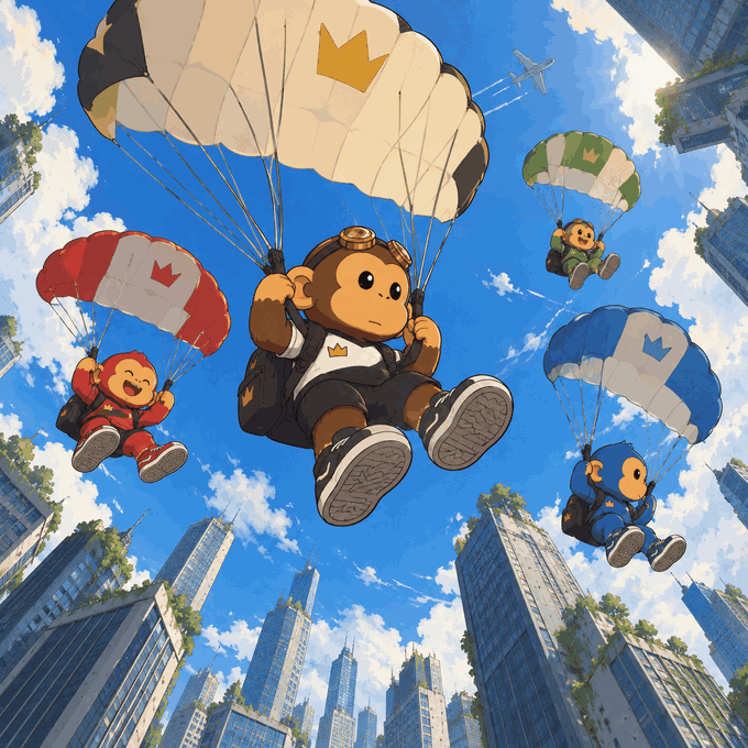 An anime-style digital artwork depicting four monkey characters parachuting over a futuristic, overgrown cityscape.