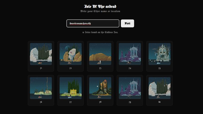 A web interface titled 'Isles Of The undead' prompting users to 'Write your Ether name or location,' showing the input 'beoricresearch.eth' with a Visit button, and a gallery of 10 numbered fantasy island thumbnails below.