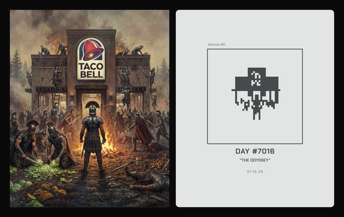 A diptych showing on the left a dramatic battle scene at a Taco Bell fast-food restaurant, and on the right a pixel-art 'Nonnie #0' titled 'DAY #7016 / THE ODYSSEY' dated 07.18.25.