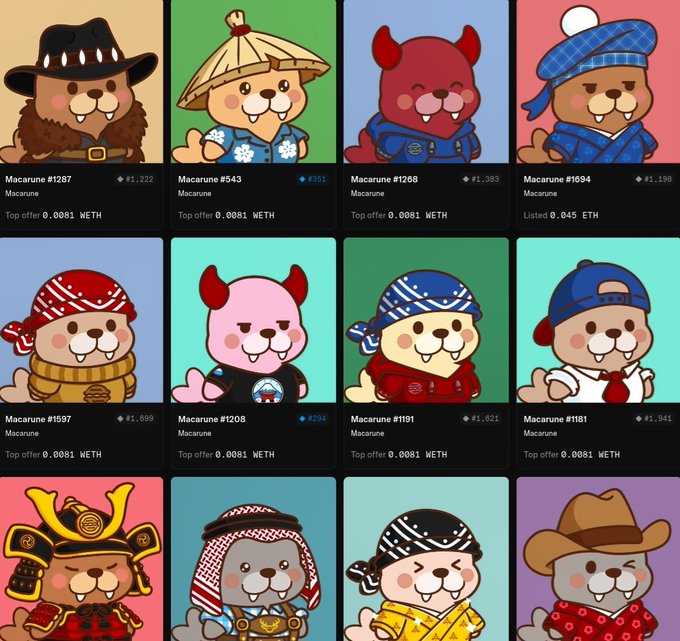 A grid of cartoon-style NFT bear characters ('Macarune') in various costumes like samurai, cowboy, and bandana, each labeled with an ID number, WETH price, and some marked 'Listed'.