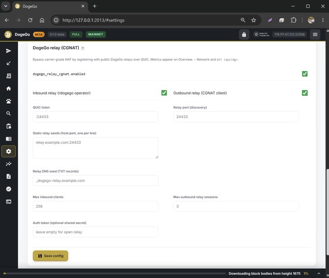 The image shows the DogeGo relay (CGNAT) settings page, with inbound and outbound relay enabled on mainnet, QUIC listen port 24433, and static relay seed "relay.example.com:24433". This configuration supports the post's claim of running a CGNAT-friendly inbound relay full node, helping bypass carrier-grade NAT issues commonly encountered on Starlink connections.