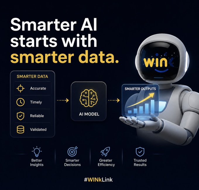 A promotional graphic for #WINKLink featuring a friendly white robot with "win" displayed on its screen, alongside the headline "Smarter AI starts with smarter data." The design illustrates how accurate, timely, reliable, and validated data feeds into an AI model to produce smarter outputs that deliver better insights, smarter decisions, greater efficiency, and trusted results—visually reinforcing the post's message that reliable data is essential for smart contract functionality in Web3.