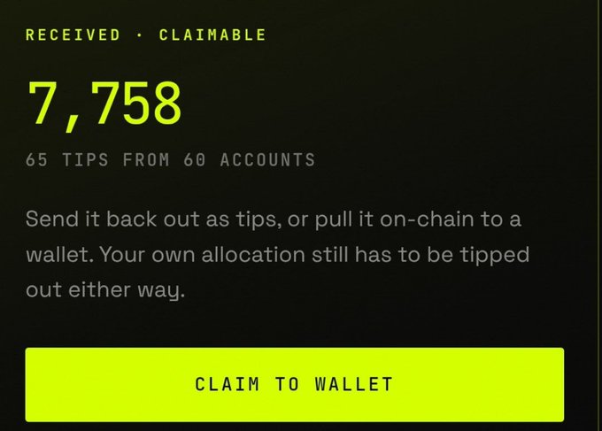 The image displays a dark-themed interface showing "7,758 $MOTION received claimable" from 65 tips across 60 accounts, with a bright green "CLAIM TO WALLET" button and text explaining the user can either send the tokens back out as tips or pull them on-chain to a wallet, aligning with the post's message about the tip economy requiring the allocation to move.