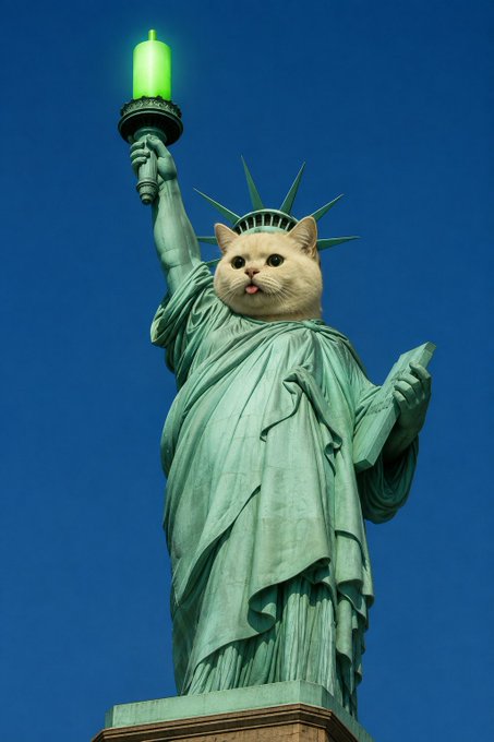 A surreal image of the Statue of Liberty with a white cat's head in place of Lady Liberty's face, holding a glowing green object aloft against a deep blue sky.