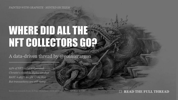 A grayscale illustration with the text 'WHERE DID ALL THE NFT COLLECTORS GO? A data-driven thread by @painterargon' and statistics like '93% of NFT value evaporated'.