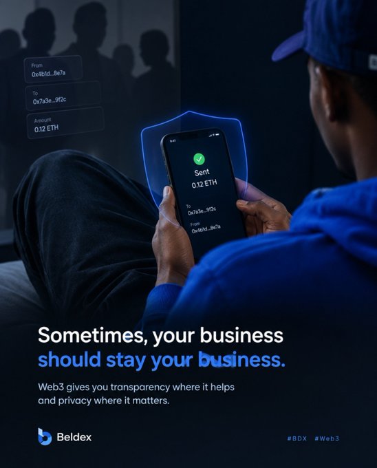An advertisement for Beldex crypto wallet shows a person using their phone to send 0.12 ETH, with the text 'Sometimes, your business should stay your business. Web3 gives you transparency where it helps and privacy where it matters.'