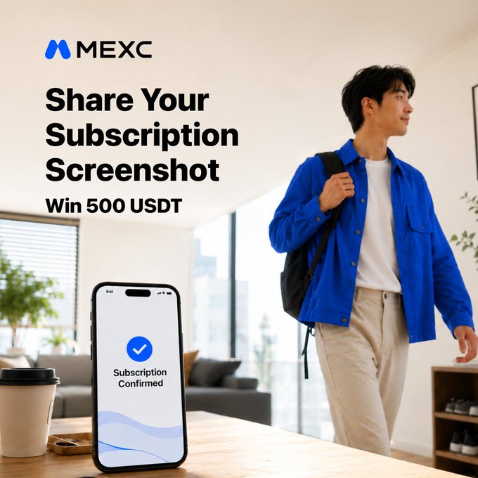 The image promotes MEXC's "Share Your Subscription Screenshot" contest to win 500 USDT, featuring the MEXC logo and a "Subscription Confirmed" checkmark displayed on a smartphone screen alongside a man in a blue jacket. The promotional graphic supports the SHEIN IPO Launchpad campaign, encouraging users to subscribe, share their confirmation screenshot with their UID, and tag a friend for a chance to win.
