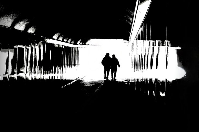 The image shows a couple walking down an empty hallway at night with their silhouettes visible against the darkness. The hallway appears to be long, stretching out into the distance where there are no other people or objects present. The photo has a black and white color scheme, which adds a timeless quality to the scene.