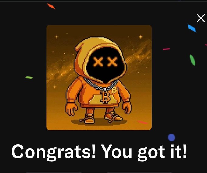 A cartoon orange monkey character with 'XX' eyes wearing a hoodie and a Bitcoin chain, with text reading 'Congrats! You got it!' on a confetti background.