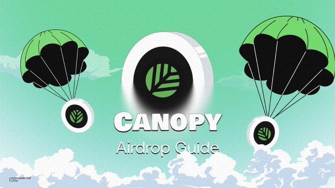 A promotional graphic for the "CANOPY Airdrop Guide" featuring the project's green leaf logo displayed prominently in the center against a sky-blue background with clouds and black parachutes, visually representing the airdrop concept referenced in the post about CNPY Network's privacy-focused platform with Fhenix integration.