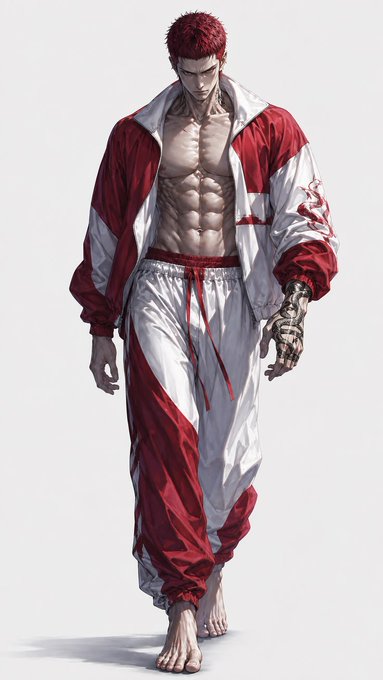 A muscular red-haired character wears an open red and white jacket with gold dragon embroidery and matching pants, showcasing a mechanical golden prosthetic arm.