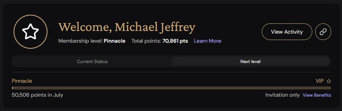A membership dashboard welcoming "Michael Jeffrey" at Pinnacle level with 70,861 total points and 50,506 points in July, showing current status progress toward VIP level.
