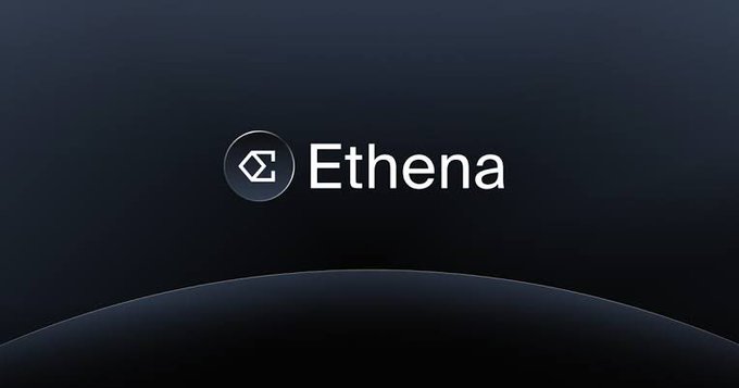 The image features a logo for a cryptocurrency called Ethena. The logo consists of a circle with a "S" inside, surrounded by a black border. Below the logo, there are two lines of text that read "Ethena". The background color is dark gray, and it appears to be a banner or poster displaying information about the cryptocurrency.