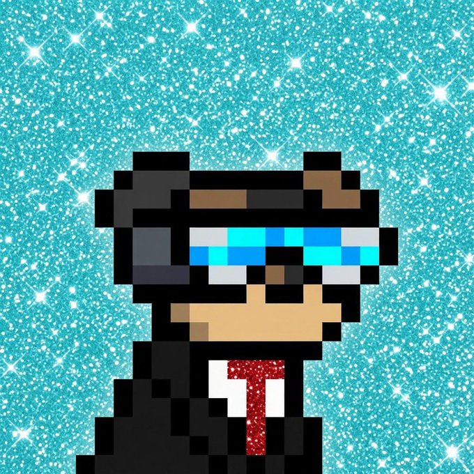 A pixel art character with blue glowing glasses and a red sparkly tie, set against a turquoise glittery background.