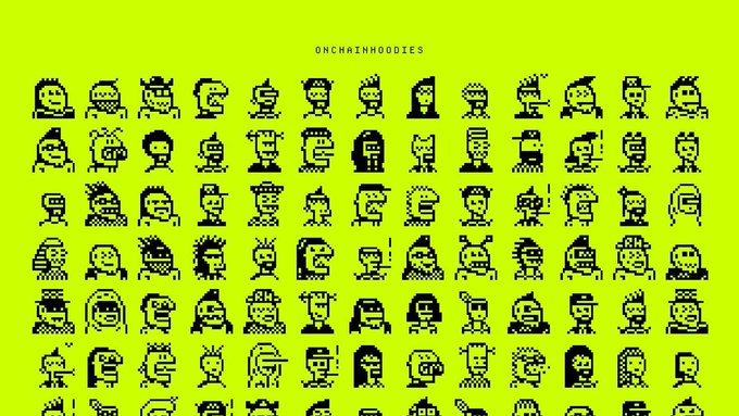 A grid of pixel art character portraits on a bright green background with the text "ONCHAINHOODIES" displayed at the top.