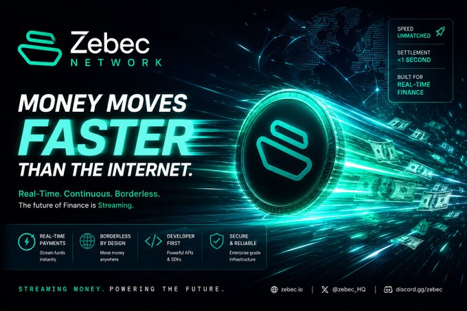 The image features a green circle with a blue arrow pointing towards it, which says "Money moves faster than the internet." This statement emphasizes the importance of fast financial transactions and the need for businesses to adapt to modern technology. The Zebec Network Super App is highlighted in the image as an example of how companies can leverage real-time payroll, instant payments, and borderless finance solutions to improve their operations and stay ahead of the competition.