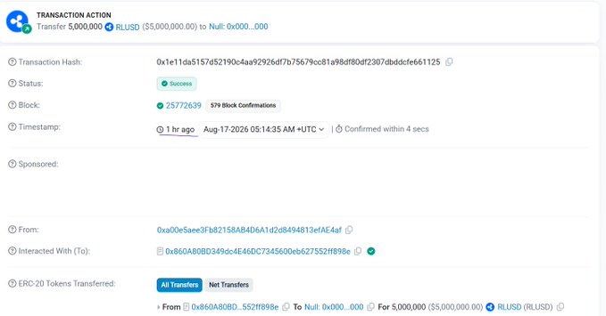 A blockchain transaction record on Etherscan shows the transfer and burning of 5,000,000 RLUSD ($5,000,000.00) from address 0x860A808D...552ff898e to a null address (0x000...000), completed successfully on August 17, 2026, illustrating the token burn mechanism referenced in the post about RLUSD's on-demand redemption system.