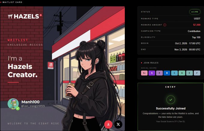 A digital 'HAZELS' waitlist card for user 'Manh100' with an anime-style avatar, showing campaign details, a social score of 371, and a 'Successfully Joined' confirmation message.