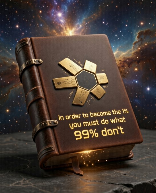 A brown leather-bound book with a gold emblem against a cosmic background, inscribed with "In order to become the 1% you must do what 99% don't".