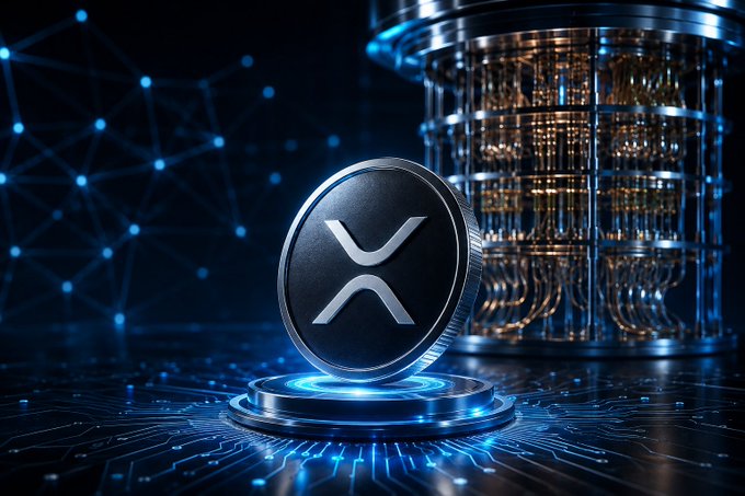 A 3D render of an XRP cryptocurrency coin on a glowing blue pedestal with a quantum computer in the background.
