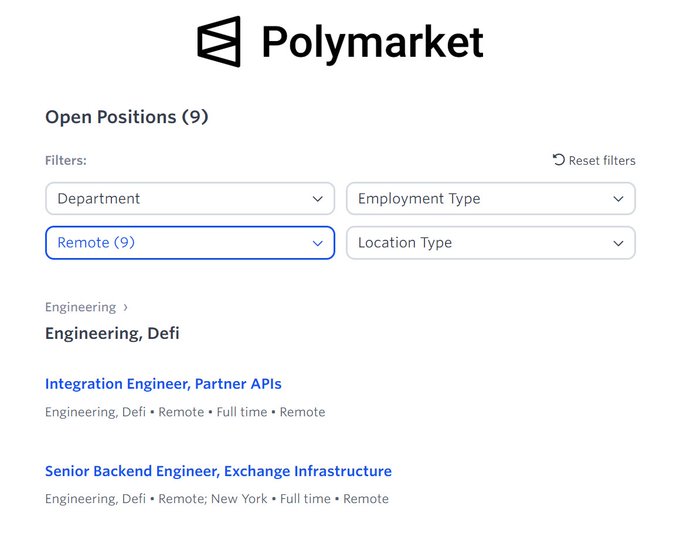 The image shows Polymarket's careers page displaying 9 open remote positions, with filters for Department, Employment Type, Remote (9), and Location Type, and lists engineering roles like "Integration Engineer, Partner APIs" and "Senior Backend Engineer, Exchange Infrastructure" under the Engineering, Defi category—illustrating the post's claim about Polymarket offering 9 remote opportunities across various departments alongside its primarily New York-based 71 total positions.