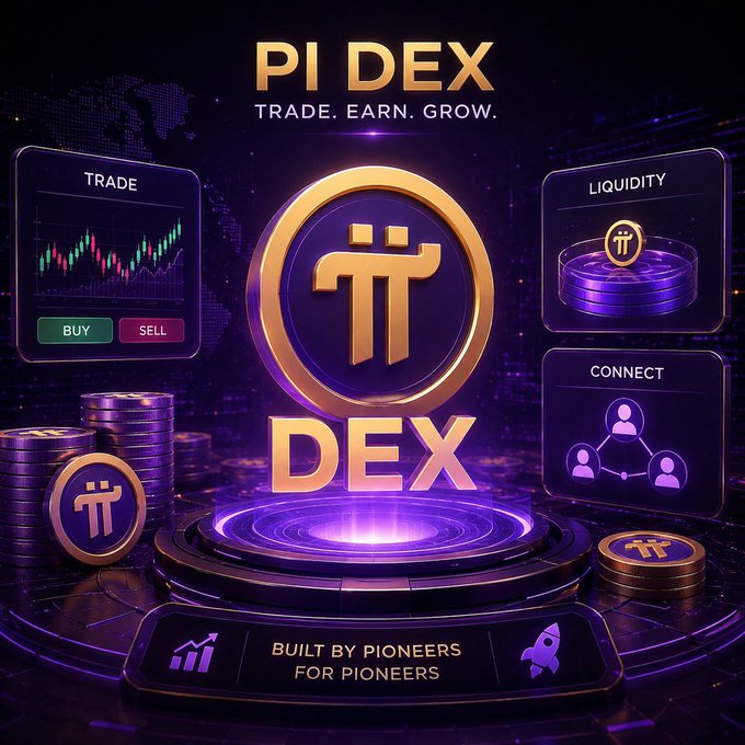 A promotional graphic for 'PI DEX' with the tagline 'TRADE. EARN. GROW.' featuring the Pi logo, trading charts, liquidity, and connect features against a purple cosmic background.