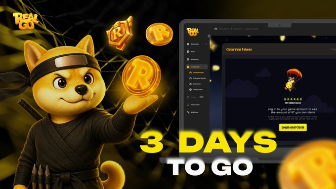 The image features a cartoon dog dressed as a ninja, holding up three gold coins with a sword in its mouth. The background of the image is black, making the yellow coins stand out prominently. Below this scene, there's text that reads "3 days to go" and "TermMaxFi @RealGoOfficial". This suggests that there might be an event or promotion related to the cartoon dog character, possibly involving terms or a gaming platform like TermMaxFi.