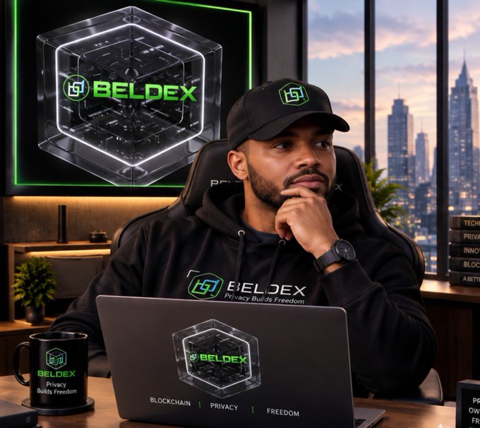 A promotional image for BELDEX shows a man wearing a branded hoodie and cap, working at a laptop with the tagline "Privacy Builds Freedom" and themes of blockchain, privacy, and freedom.