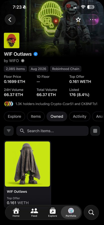 An OpenSea NFT collection page for 'WIF Outlaws' by WIFO on Robinhood Chain, showing floor price of 0.1699 ETH, 66.37 ETH total volume, and a featured cloaked character NFT.