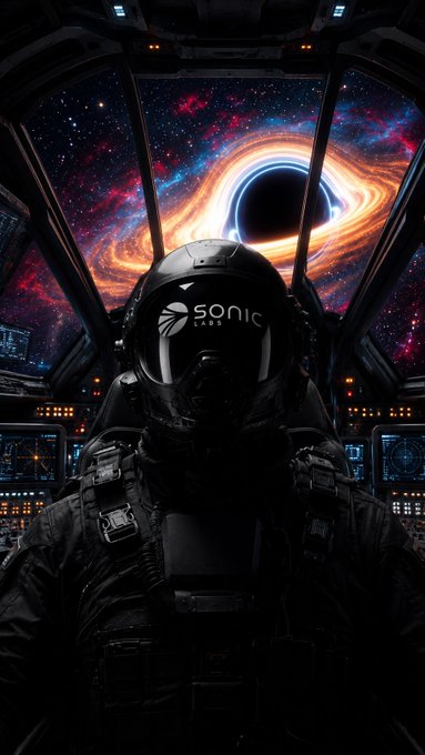 A pilot in a black flight suit and helmet labeled 'SONIC LABS' sits in a spacecraft cockpit, with a stunning black hole and colorful accretion disk visible through the windshield.