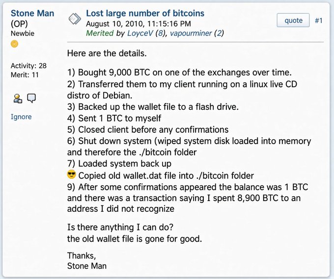 Screenshot of a BitcoinTalk forum post by user 'Stone Man' titled 'Lost large number of bitcoins' from August 10, 2010, detailing how they lost 8,900 BTC due to overwriting their wallet.dat file after a system restart.