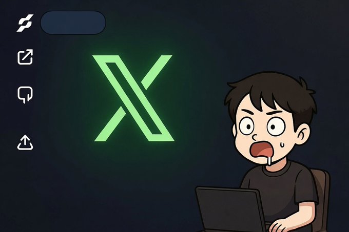 An illustrated cartoon of a shocked, sweating person at a laptop next to a glowing green X logo (formerly Twitter) with sidebar icons visible on a dark background.