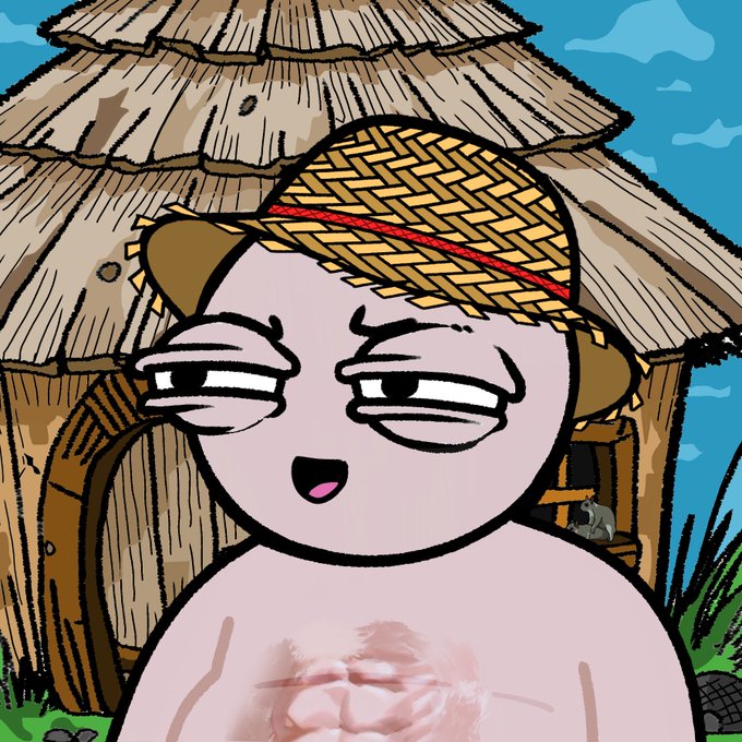 A cartoon figure with half-lidded eyes, wearing a straw hat with a red band, stands in front of a thatched hut, displaying an airbrushed six-pack on its bare chest. The image humorously illustrates the "spray-on abs" meme, pairing a lazy, unbothered expression with absurdly fake-looking abs to poke fun at crypto traders who insist on ETH-only transactions.