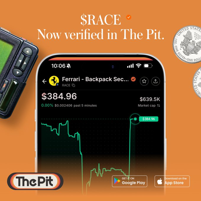 A promotional graphic with an orange background announces '$RACE Now verified in The Pit,' featuring a smartphone displaying a chart for 'Ferrari - Backpack Sec...' priced at $384.96 with a market cap of $639.5K.