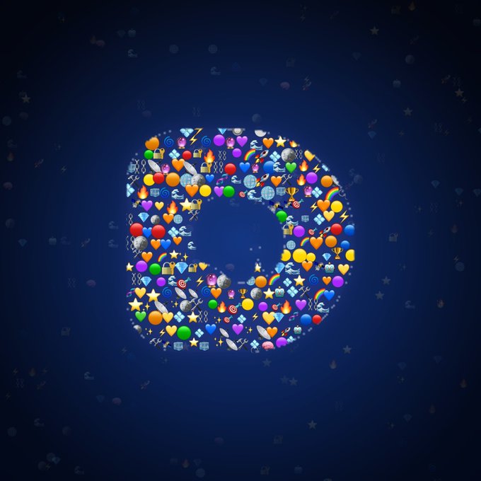 A digital artwork on a dark blue background featuring the letter 'D' formed from a mosaic of colorful emoji icons including hearts, stars, balloons, and lightning bolts.