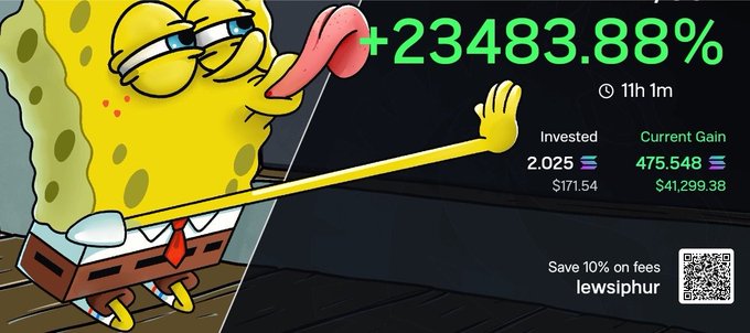 The image is a meme-style thumbnail featuring a SpongeBob character with an exaggerated long tongue/arm reaching toward a crypto portfolio dashboard showing a massive +23483.88% gain, with stats indicating an investment of $171.54 that has grown to $41,299.38 (475.548 SOL). It includes a referral code "lewsiphur" for 10% fee savings and a QR code, promoting the trader's anonymous, profit-focused approach highlighted in the caption about trading in silence and not disclosing wallet details.