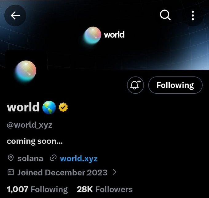 A Twitter/X profile page for "world" (@world_xyz) displaying 28K followers, a verified gold badge, the tagline "coming soon...", and tagged with Solana, with hints suggesting it may be a crypto/DEX project hyped alongside OKX.