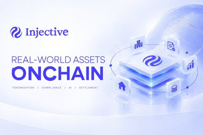 Promotional graphic for Injective featuring the tagline 'REAL-WORLD ASSETS ONCHAIN' with subtopics 'TOKENIZATION / COMPLIANCE / AI / SETTLEMENT' alongside a 3D blue cube and digital icons.