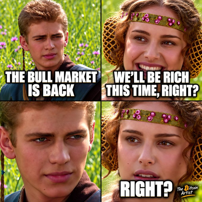A four-panel meme using Star Wars characters Anakin and Padmé, captioned 'THE BULL MARKET IS BACK', 'WE'LL BE RICH THIS TIME, RIGHT?', and 'RIGHT?', with a 'The Bitcoin Artist' watermark.