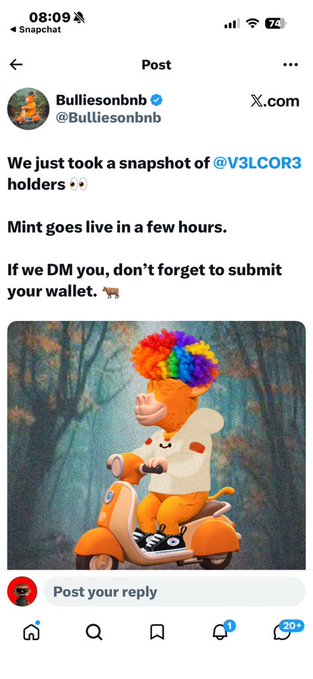 A screenshot of an X (formerly Twitter) post from user @Bulliesonbnb with a verified checkmark, announcing that they took a snapshot of @V3LCOR3 holders for an upcoming mint, accompanied by an image of a colorful clown-like character riding an orange scooter.