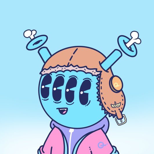 A three-eyed blue cartoon character with bone-shaped antennae and a furry winter hat sports a pink hoodie, matching the "pink" bounty theme mentioned in the post about the Quirkies NFT being available for trade with a $250 cancer foundation donation.