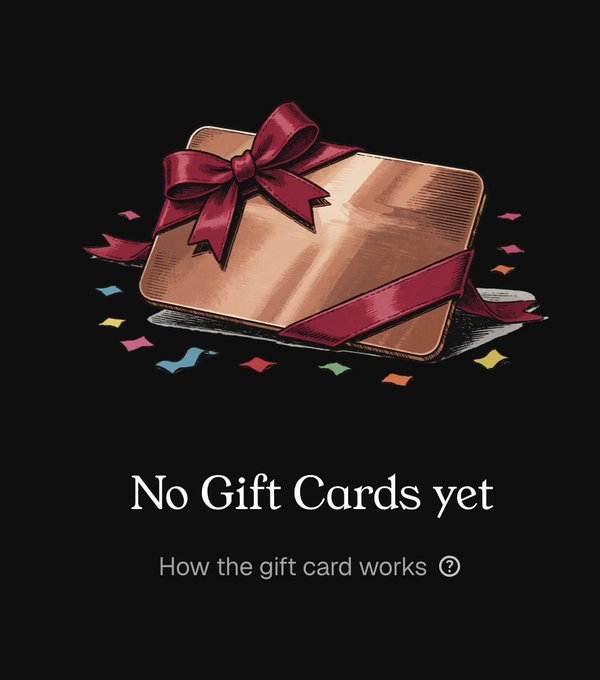 The image shows an empty wallet UI screen on a black background, featuring an illustrated gift card tied with a red bow surrounded by colorful confetti, with the text "No Gift Cards yet" and "How the gift card works" below. The screen directly answers the question by indicating that Vizor Wallet's gift card feature currently has no cards available, suggesting the user hasn't created or received any gift cards yet.