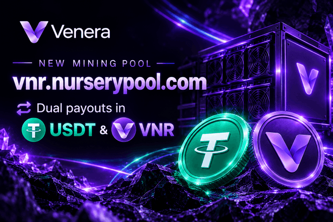 A promotional graphic for 'Venera' mining pool at vnr.nurserypool.com, advertising dual payouts in USDT and VNR, featuring purple-themed mining hardware and coin imagery.