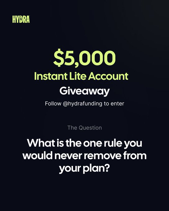 A promotional graphic for Hydra Funding announces a "$5,000 Instant Lite Account Giveaway" with instructions to follow @hydrafunding to enter, posing the question: "What is the one rule you would never remove from your plan?" The image directly matches the social media post inviting users to share their best trading rule for a chance to win a funded account.